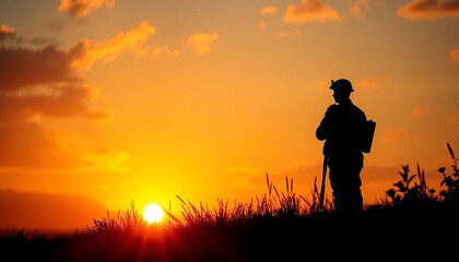 Silhouette of a soldier standing at dawn, Anzac Day commemoration, newzealander, military
