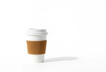 Small white coffee cup with brown sleeve and lid, isolated on white  Shadow visible, to go, disposable