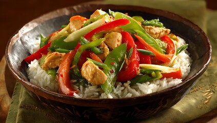 Delicious Chicken and Vegetable Stir-fry Over Rice, Close-up of a vibrant, flavorful chicken and vegetable stir-fry dish served over a bed of white rice in a dark bowl.