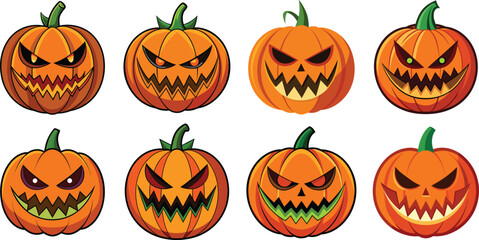 Scary Halloween Pumpkin Faces Vector Set. Spooky Jack-o'-Lantern Cartoon Collection.