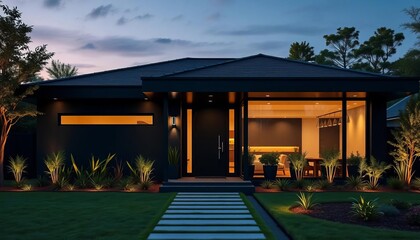 Sleek black modern home entrance, single story ,  dark,  structure