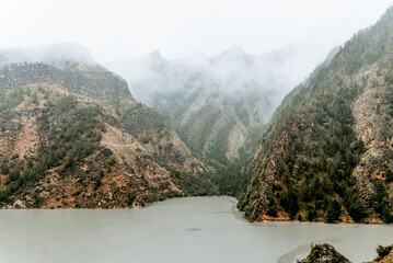 Reservoir, lake in Caucasus Dagestan Russia, summer mountain landscape scenery