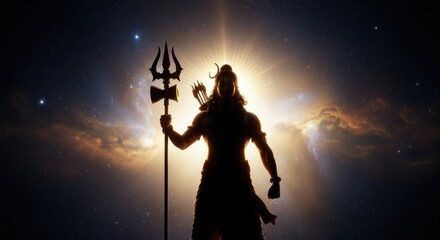 Silhouette of a deity against the cosmos radiating divine light and majestic aura spiritual