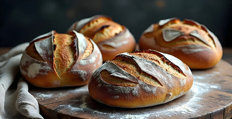 Rustic composition of freshly baked artisan bread loaves on a wooden board, 