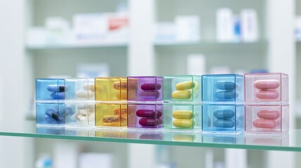 Neatly arranged medicine box and capsules on a pharmacy shelf, emphasizing cleanliness.