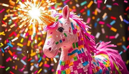 Sparkling unicorn piñata bursts with rainbow confetti, festive celebration, sparkle, colorful