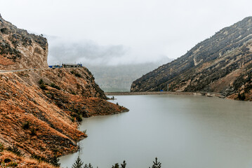Reservoir, lake in Caucasus Dagestan Russia, summer mountain landscape scenery