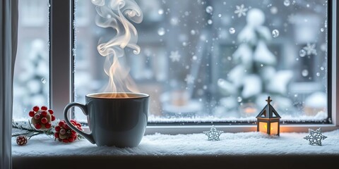 Steam rises from a hot coffee cup beside winter decorations on a windowsill, snow falling outside, christmas decorations, cold