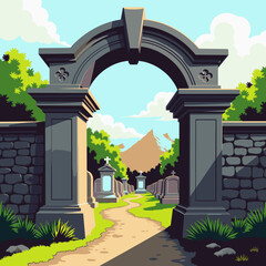 Archway leading to a graveyard with mountains in the background, Concept of Halloween    
