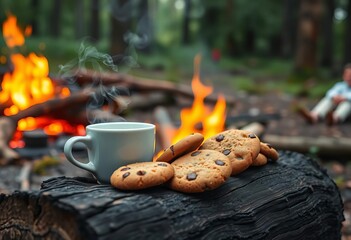 Steaming coffee, cookies, campfire glow on forest log, relaxing, chocolate chip cookies
