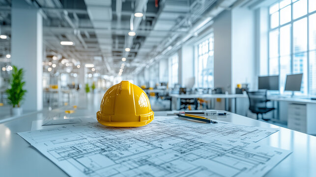 Yellow hard hat rests on architectural blueprints in a modern office space, showcasing a collaborative environment for construction and design professionals - Powered by Adobe