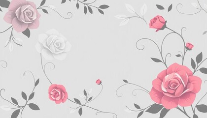 Subtle grayscale floral pattern; stylized roses, leaves, swirling stems, wedding, sketch