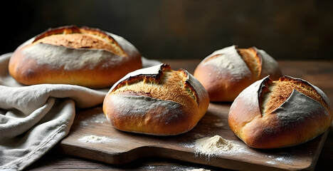 Rustic composition of freshly baked artisan bread loaves on a wooden board, 