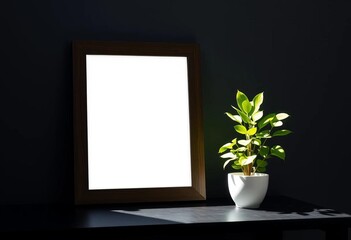 Sunlit dark wood frame, empty, on dark table, beside small white potted plant,  interior,   aesthetic