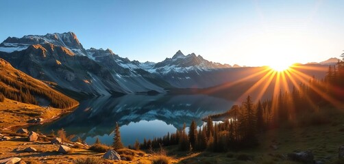 Sunrise illuminates high mountain peaks reflected in a serene mountain lake ,  image,  sunrise
