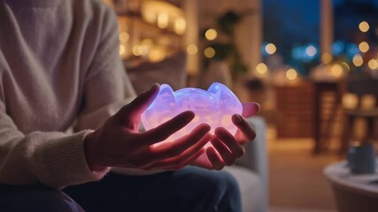 Man sitting indoors and gently holding a glowing cat-shaped stress relief toy in cozy evening lighting, warm and peaceful atmosphere, antistress therapy concept, photorealistic scene. - Powered by Adobe