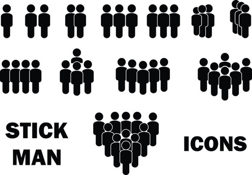 People in Crowd Silhouette Icons, Human Stick Figures, Society and Community Symbols, Men and Women Gathering, Demonstration and Protest Vector, Black Silhouette Figures