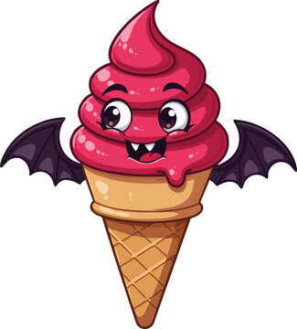Naklejki A funny cartoon ice cream cone with vanilla and strawberry scoops, a delicious sweet dessert vector illustration for summer food