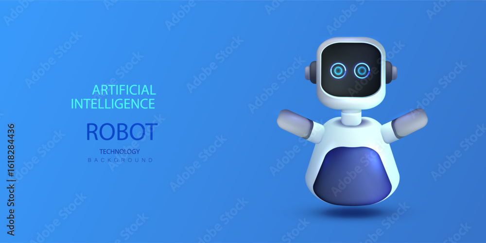 Poster artificial intelligence futuristic 3d cartoon robot. chat bot technology and science design. chatbot