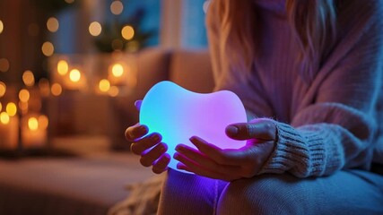 Cozy indoor scene of a woman holding a glowing stress relief toy in soft ambient light, relaxing evening mood, colorful LED antistress object for calming and sensory therapy. - Powered by Adobe