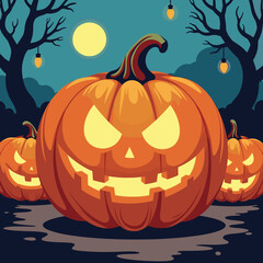 Large carved pumpkin with sinister expression in moonlit night scene during Halloween 