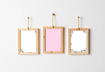 Three whimsical doodle frames hang from string on a wall, secured by a single nail,  set,  aesthetic