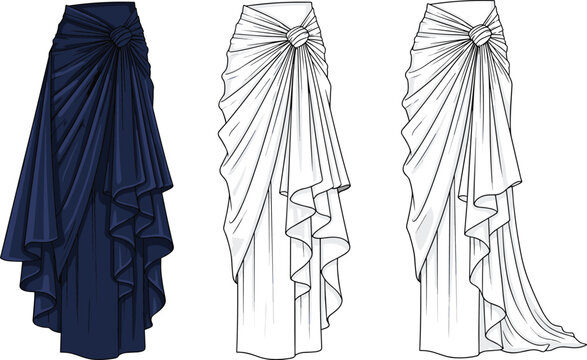 Draped skirt CAD drawing, fashion sketch, gathered knot waist, layered folds, elegant silhouette, front view, dark blue, apparel template
