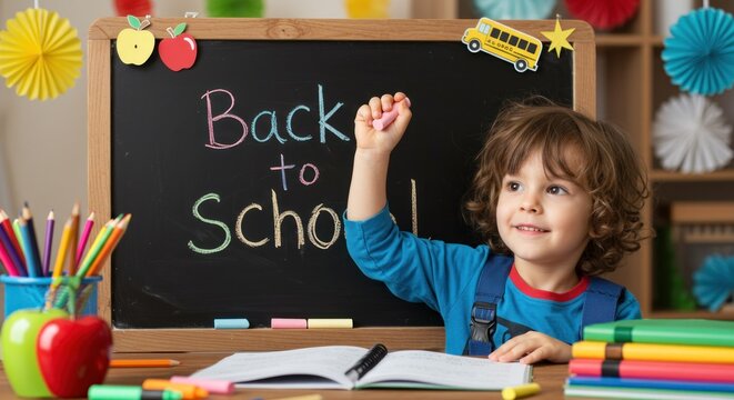 A young child, smiling, stands before a chalkboard that reads "Back to School." Crayons, apples and a bus adorn the board, with books & supplies nearby - Powered by Adobe