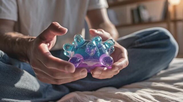 Man sitting cross-legged indoors, holding a shiny multicolored spiky stress relief toy in his hands. Daylight scene with soft shadows, calm mood, tactile relaxation concept, photorealistic.