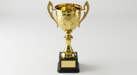 A gold-colored, ornate trophy, with a fluted base and handles, stands on a black pedestal with a nameplate, against a white background
