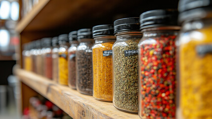 Assorted jars filled with vibrant spices are neatly arranged on a rustic wooden shelf, showcasing a variety of colors and textures, enhancing culinary creativity and flavor exploration