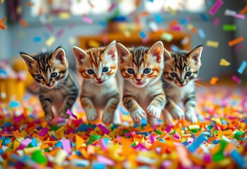Tiny kittens playfully jumping through colorful confetti, indoor party,  indoor,  adorable