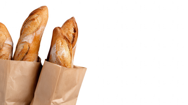 A baguette in paper shopping bags on a white background, png, transparent
