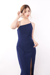 Beautiful face of young Asian woman in sexy dress Blue Perfect slim body on white background, plastic surgery and aesthetic cosmetology, Facial and skin care concept