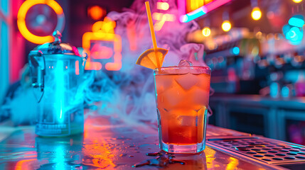 Cocktail on the bar counter in a nightclub with neon lights
