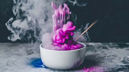 bright purple food in a bowl with smoke on a dark background. poisonous food 