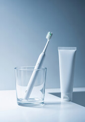 Toothbrush and paste setup – vertical countertop wellness banner
