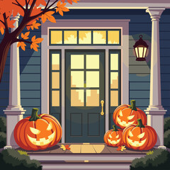 Classic Halloween entrance with carved pumpkins on a cozy porch  