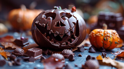 Halloween chocolate candies with pumpkins and autumn leaves on a dark background