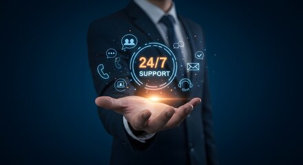 24/7 Customer Support Concept - Businessman Offering Assistance
