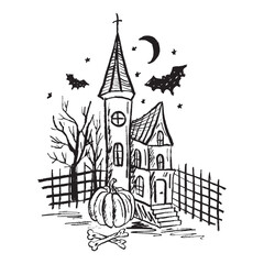 Vintage old church with horror silhouette trees and bats flying around in black brush stroke texture isolated on white. Hand drawn vector sketch illustration in vintage charcoal ink. Halloween