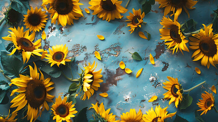 Top view of sunflowers on grunge blue background with copy space
