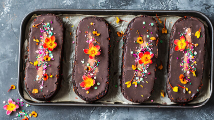 Homemade little chocolate cakes with flowers on dark background, top