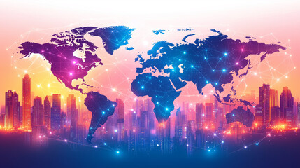 Colorful digital world map with glowing connections over a vibrant city skyline, illustrating global connectivity and technological advancement in a modern urban environment