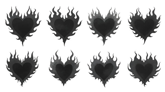 Black Flaming Hearts Set Dark Aesthetic Love Passion Graphic Vector