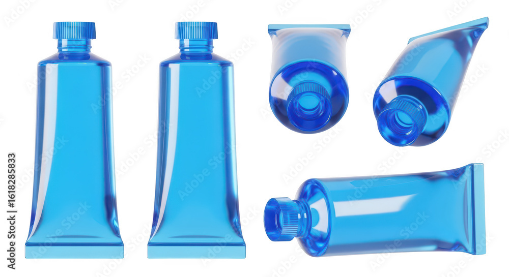 Poster blue transparent tubes of cream are displayed on a white background showcasing multiple angles for p