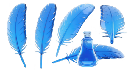 Blue rendered feathers and inkwell on a white backdrop illustrating writing or creativity useful for digital art and design