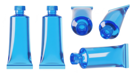 Blue transparent tubes of cream are displayed on a white background showcasing multiple angles for product mockups and cosmetics design