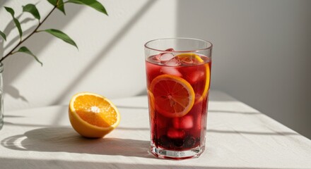 A refreshing crimson beverage in a tall glass with ice and orange slices, next to a halved orange on a white cloth. A plant adds light