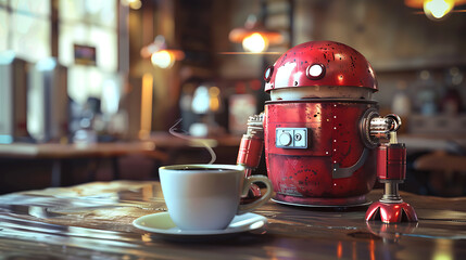 Old android coffee machine and coffee cup on the table in cafe